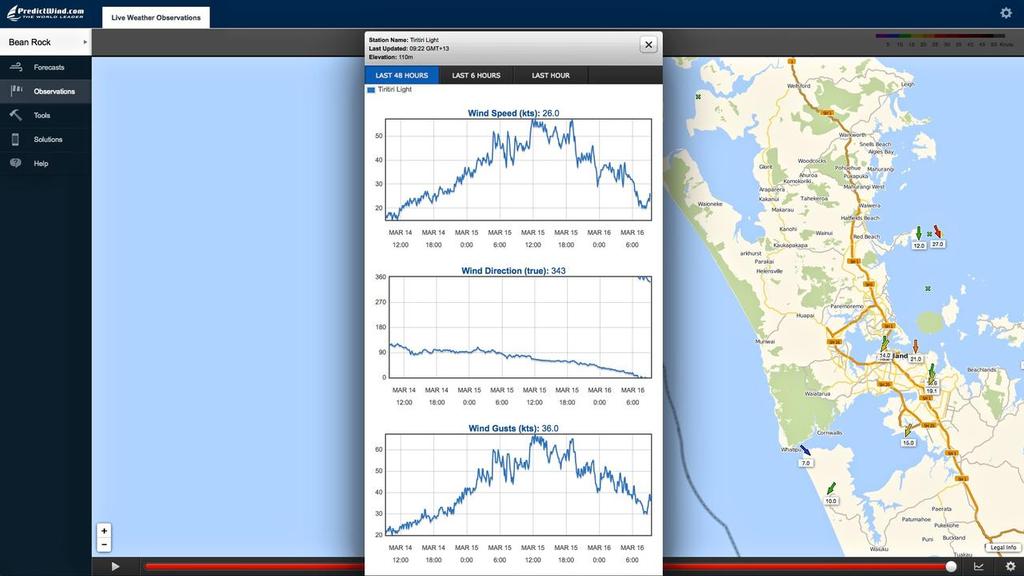 Observations - Auckland 0930hrs - Cyclone Lusi, March 16, 2014 © PredictWind http://www.predictwind.com